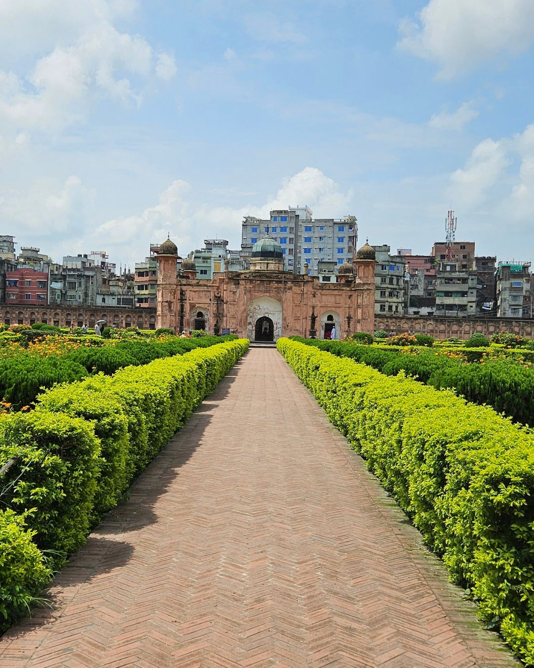 Aerial view of Lalbagh Fort with gardens and Mughal pathways in Dhaka