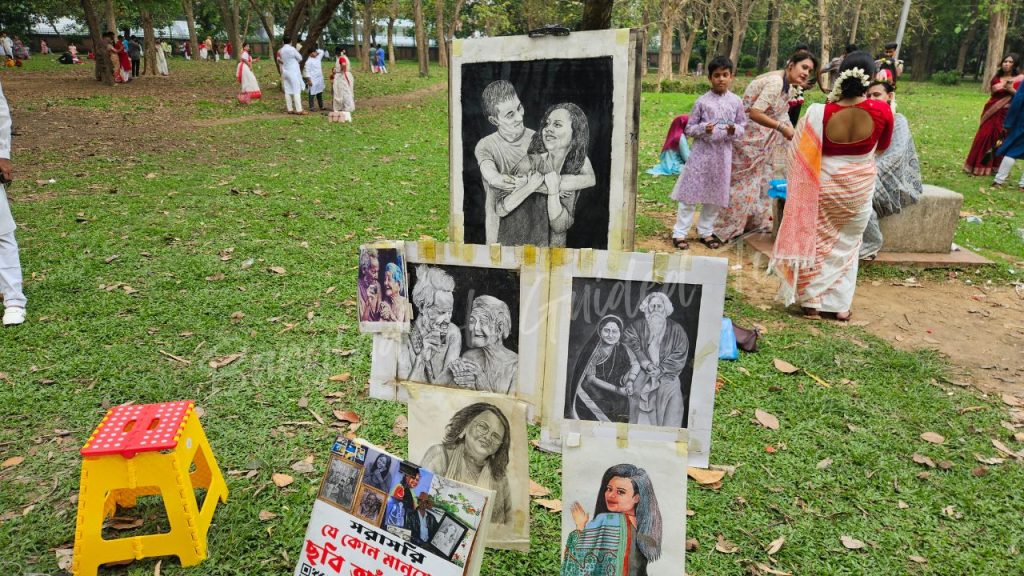 Live portrait drawing by local artists during Pohela Boishakh celebration at the University of Dhaka near Ramna Park, capturing Bengali New Year culture