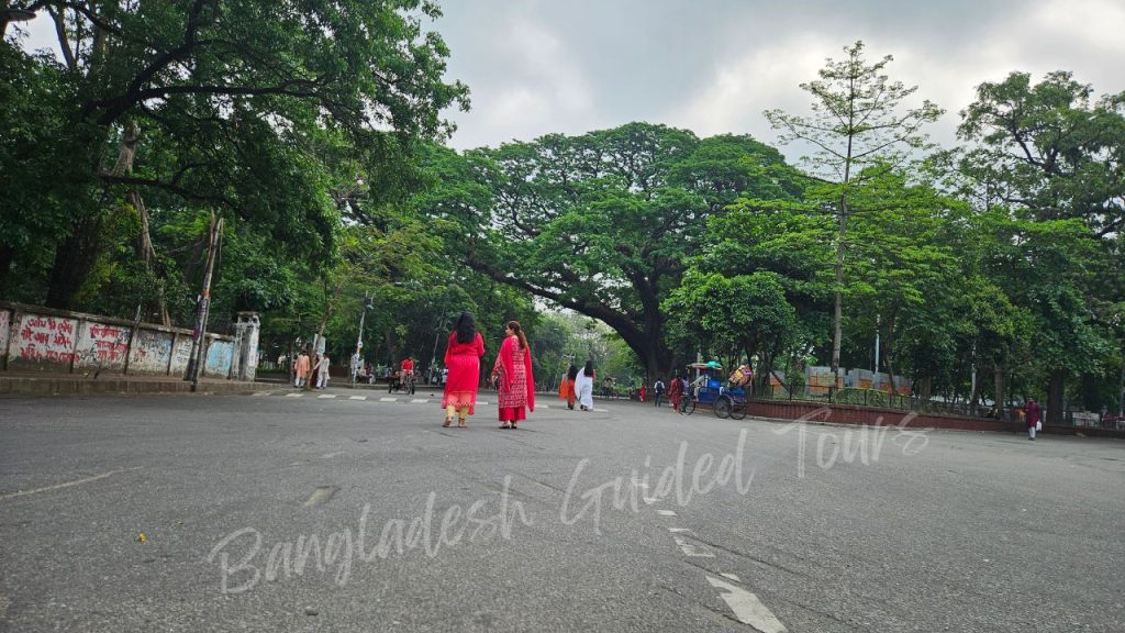 Colorful Pohela Boishakh celebration inside the University of Dhaka campus with traditional dress and festive crowd