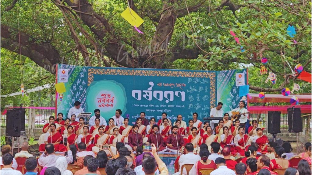 Pohela Boishakh celebration in Bangladesh with colorful Mangal Shobhajatra, traditional masks, folk art, and Bengali New Year festivity captured by Bangladesh Guided Tours