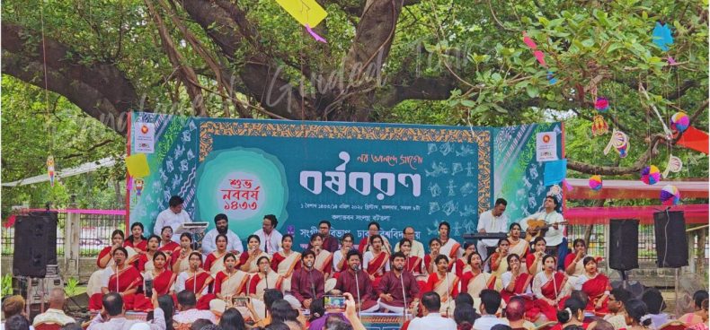 Pohela Boishakh celebration in Bangladesh with colorful Mangal Shobhajatra, traditional masks, folk art, and Bengali New Year festivity captured by Bangladesh Guided Tours