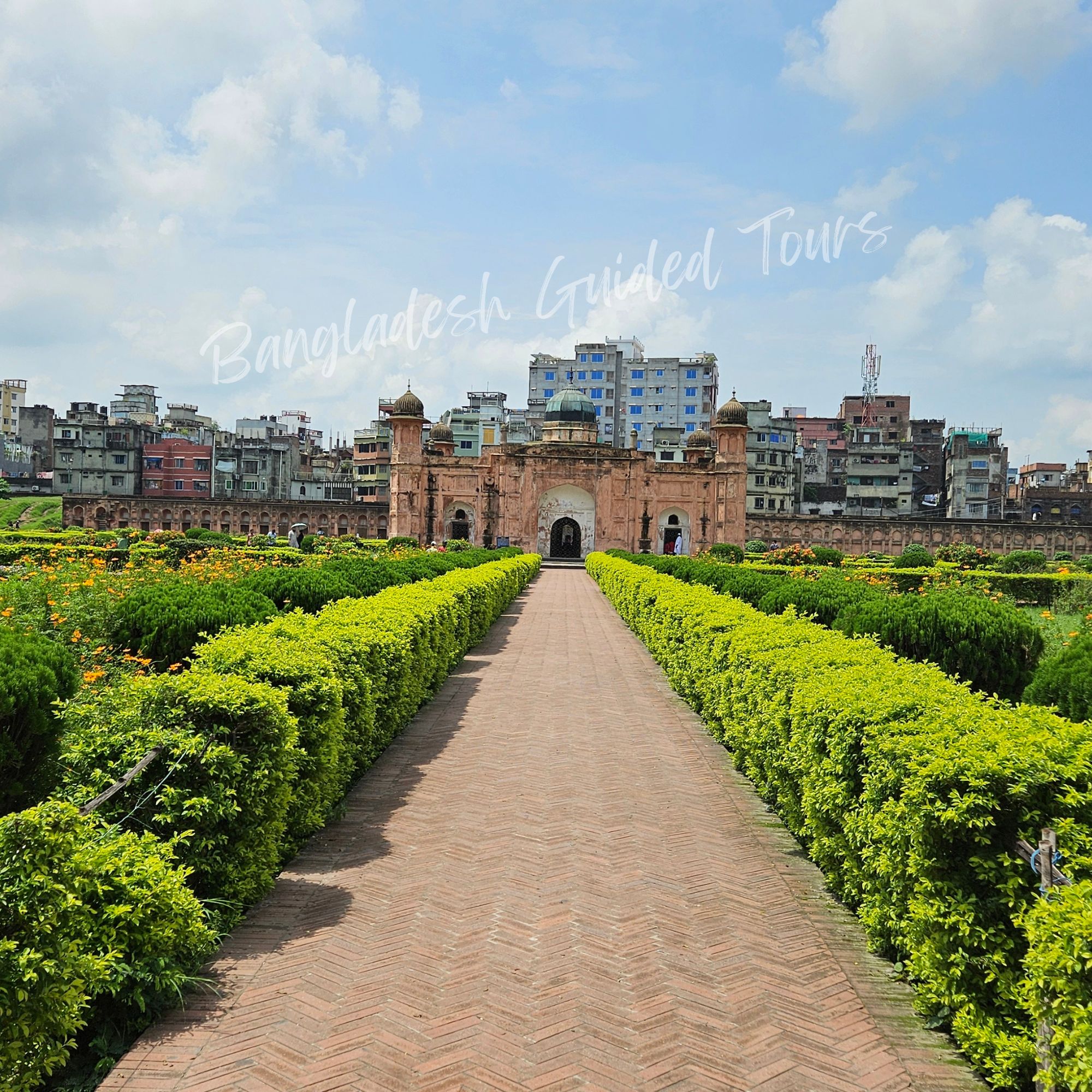 Aerial view of Lalbagh Fort with gardens and Mughal pathways in Dhaka