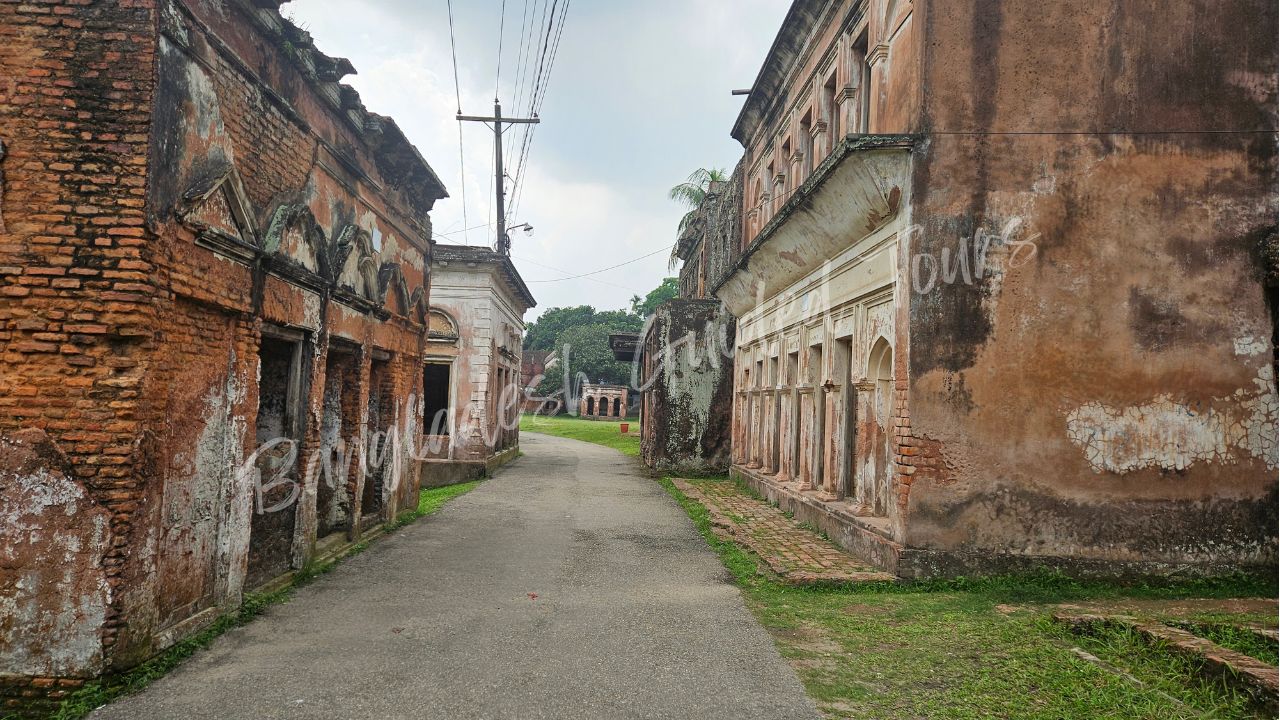 Row of abandoned heritage buildings in Panam City Sonargaon Bangladesh showing old merchant houses of Bengal