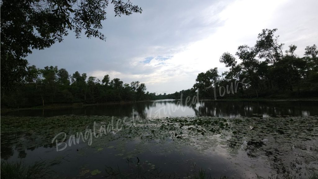 Madhabpur Lake in Sreemangal, Bangladesh, surrounded by lush tea gardens, rolling hills, and peaceful natural scenery.