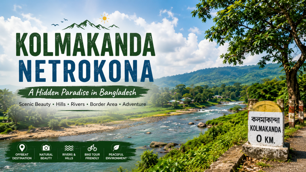 Panoramic view of Kolmakanda Netrokona featuring the Someshwari River, lush green hills, boats, and scenic natural beauty in Bangladesh.