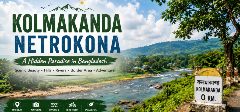 Panoramic view of Kolmakanda Netrokona featuring the Someshwari River, lush green hills, boats, and scenic natural beauty in Bangladesh.