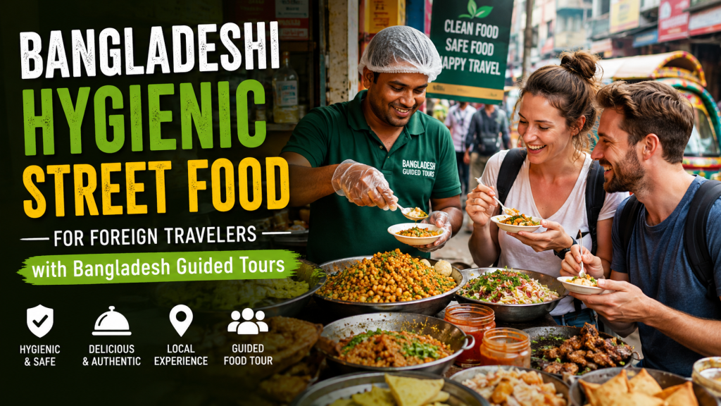 Foreign travelers enjoying hygienic Bangladeshi street food with Bangladesh Guided Tours at a clean local food market in Dhaka, Bangladesh.