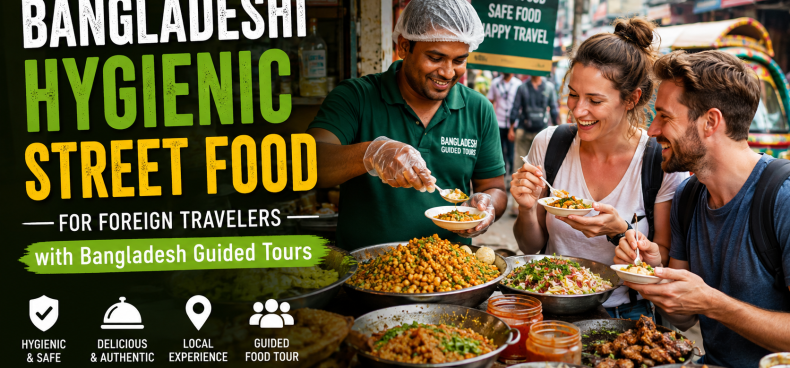 Foreign travelers enjoying hygienic Bangladeshi street food with Bangladesh Guided Tours at a clean local food market in Dhaka, Bangladesh.