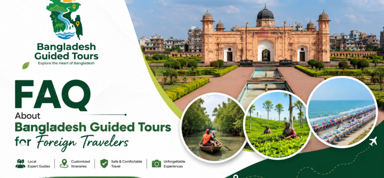 FAQ about Bangladesh Guided Tours for foreign travelers featuring Lalbagh Fort, Sundarbans, tea gardens, Cox's Bazar, and Bangladesh Guided Tours logo